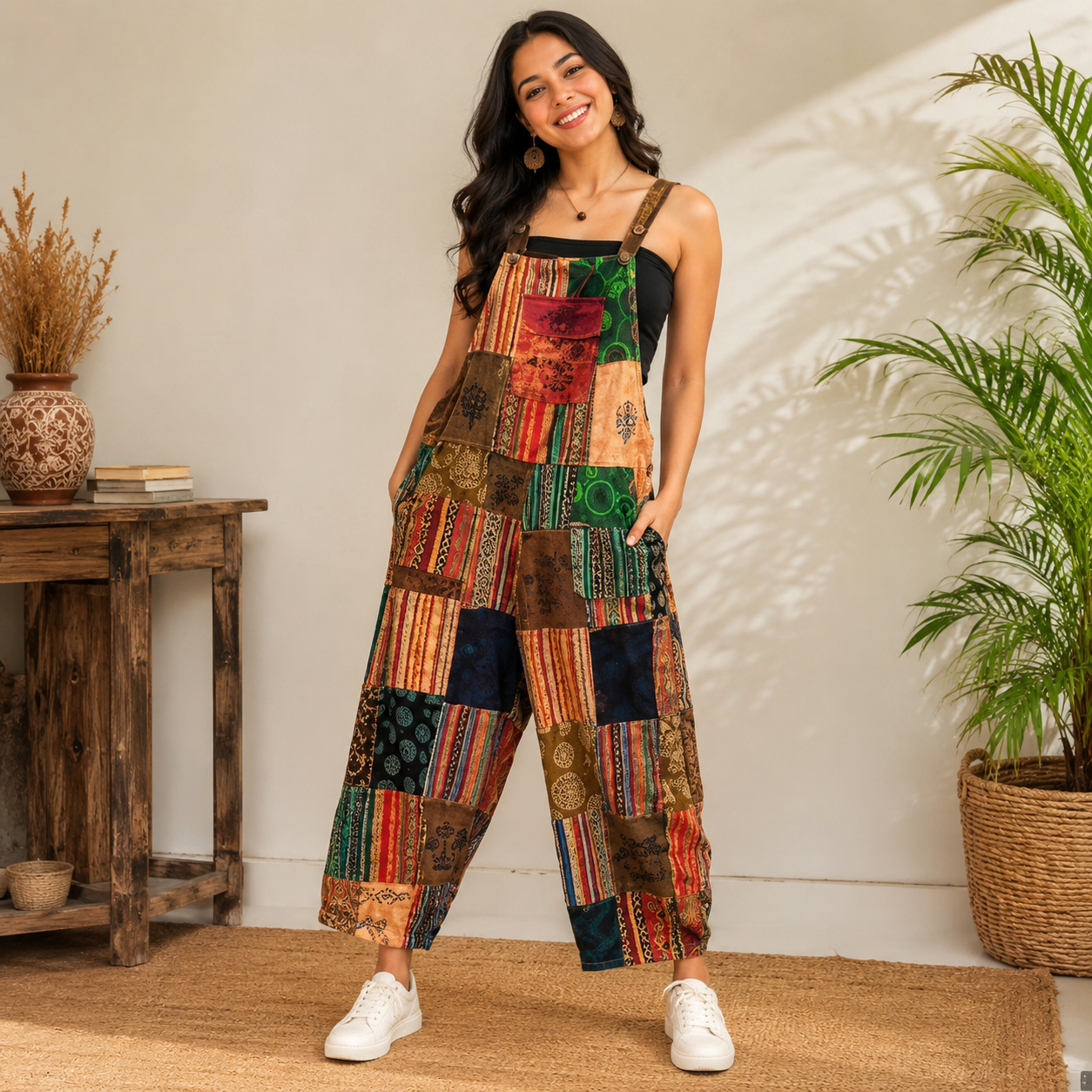 Ladies long multi patchwork dungarees