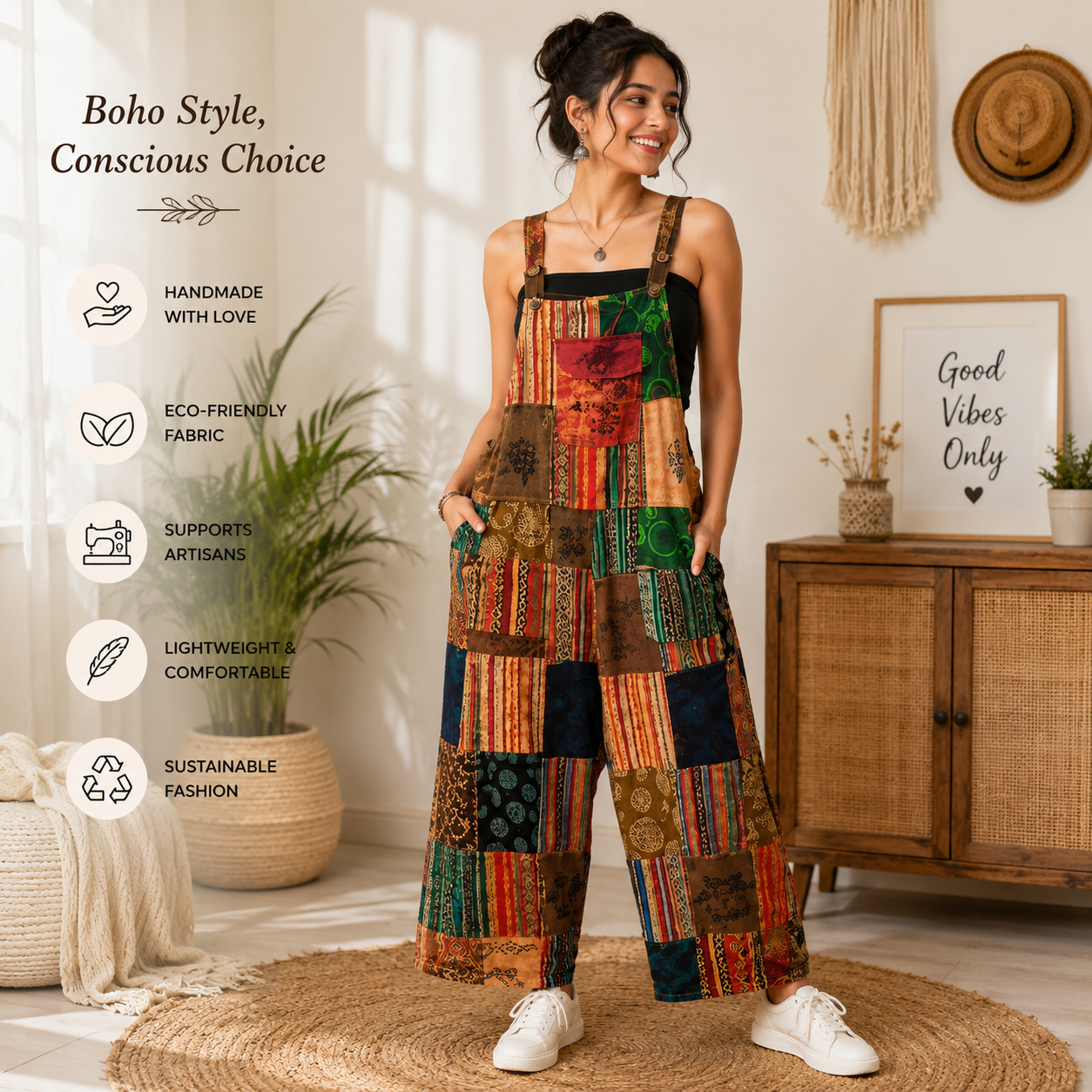 Ladies long multi patchwork dungarees1