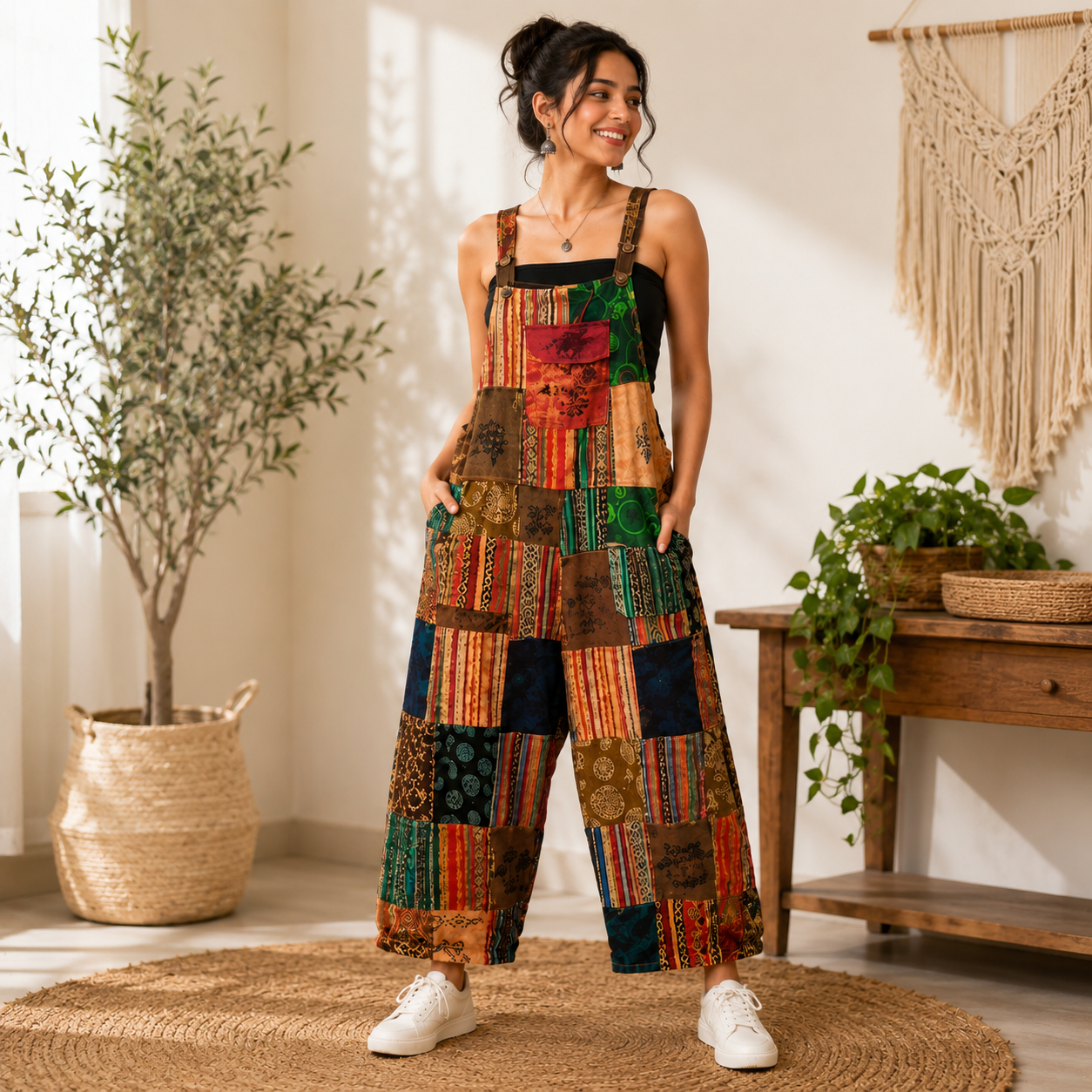 Ladies long multi patchwork dungarees2