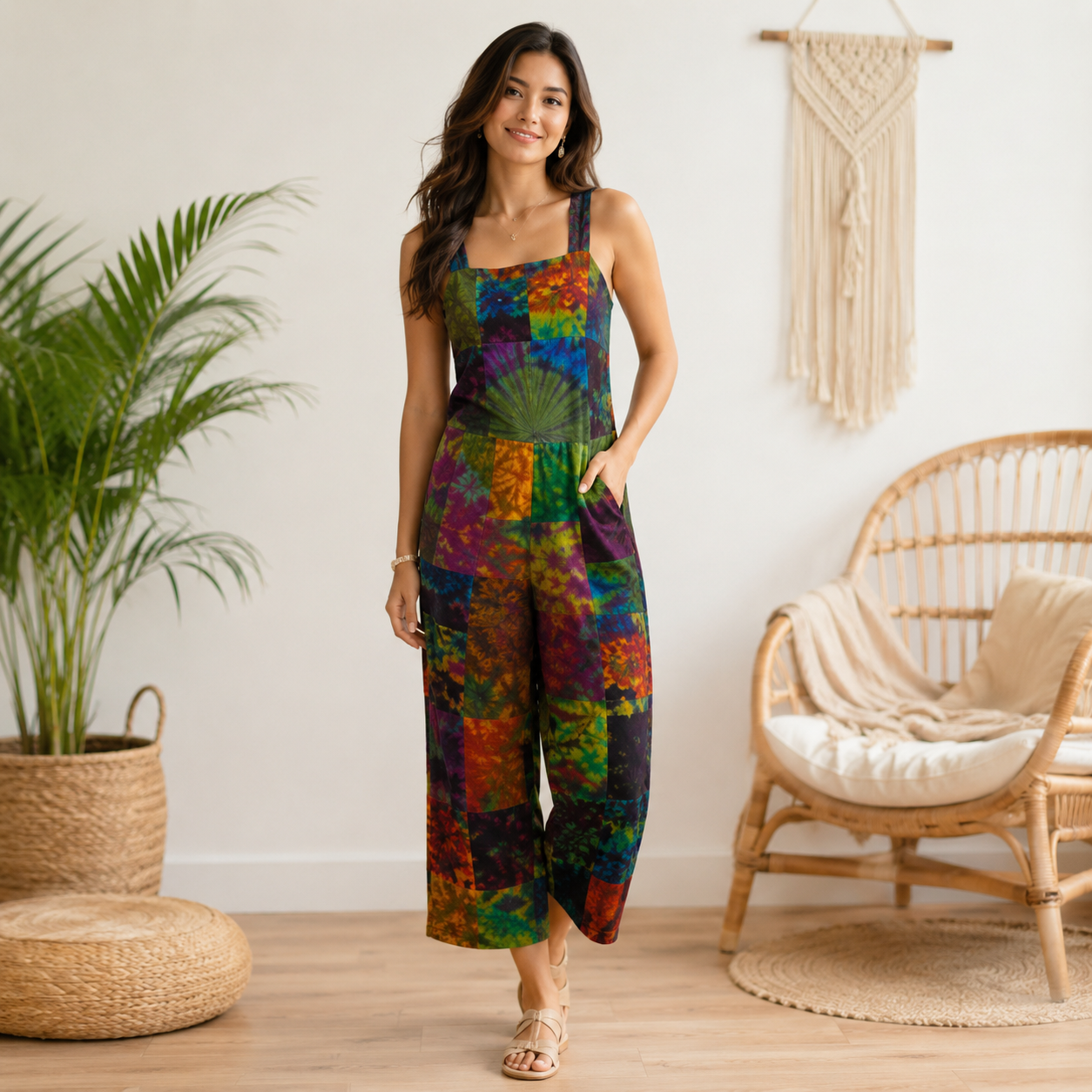 Ladies long patchwork Tie dye dungarees