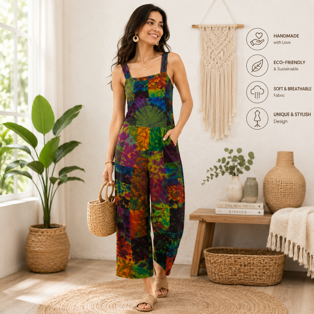 Ladies long patchwork Tie dye dungarees - Image 2
