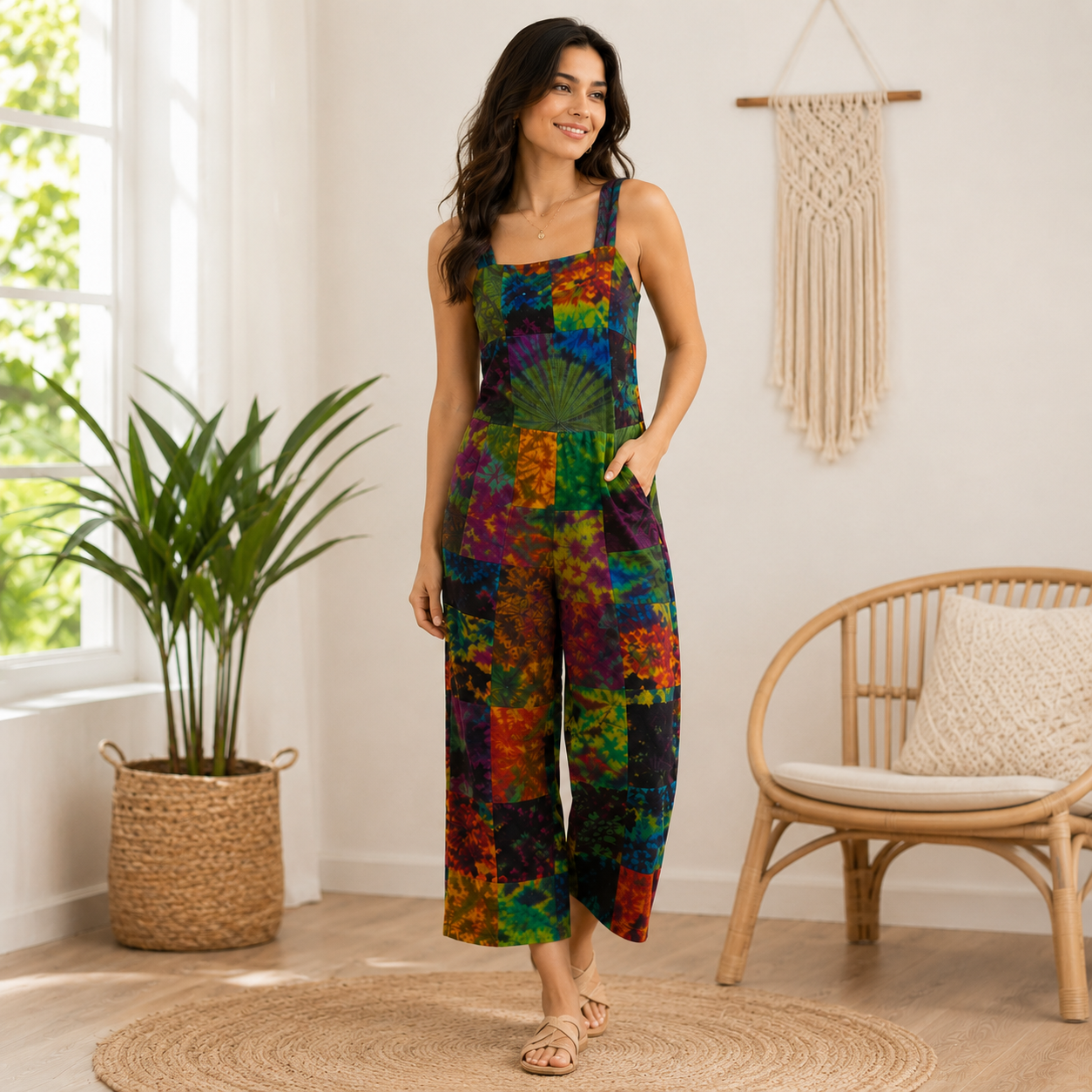 Ladies long patchwork Tie dye dungarees - Image 3