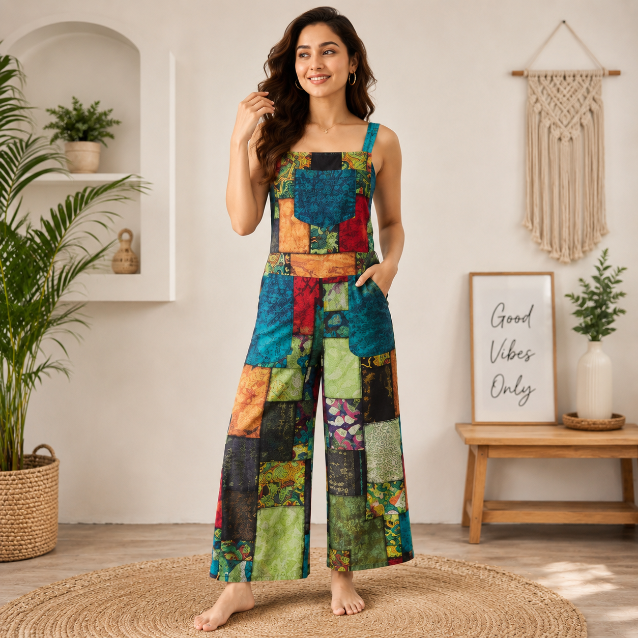 Ladies long patchwork dungarees - Image 2