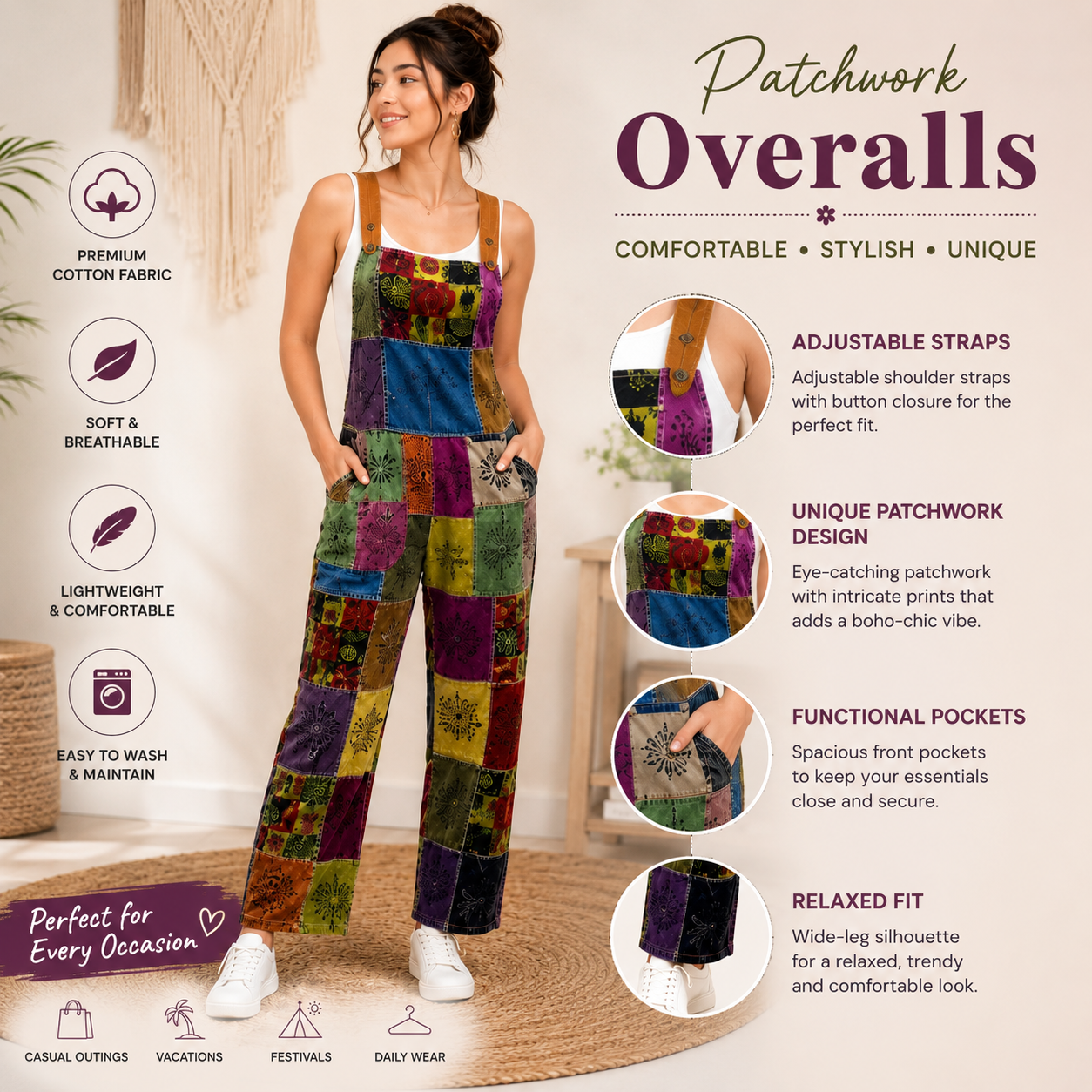 Ladies long patchwork dungarees - Image 3