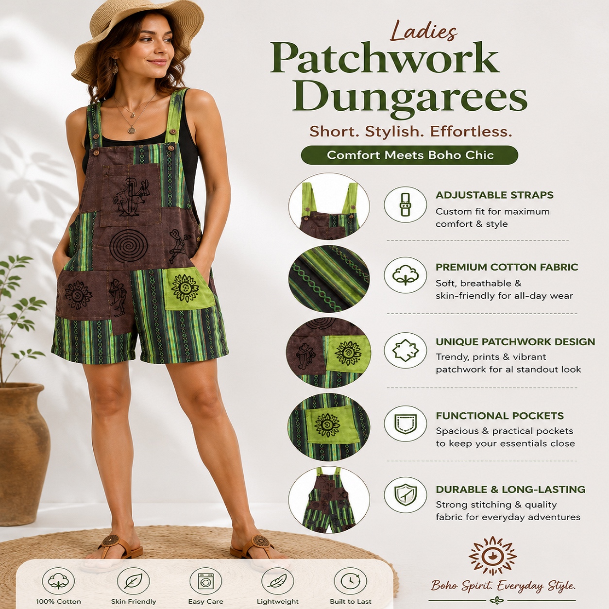 Ladies short multi patchwork dungarees1