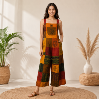 Ladies wide leg long patchwork dungarees