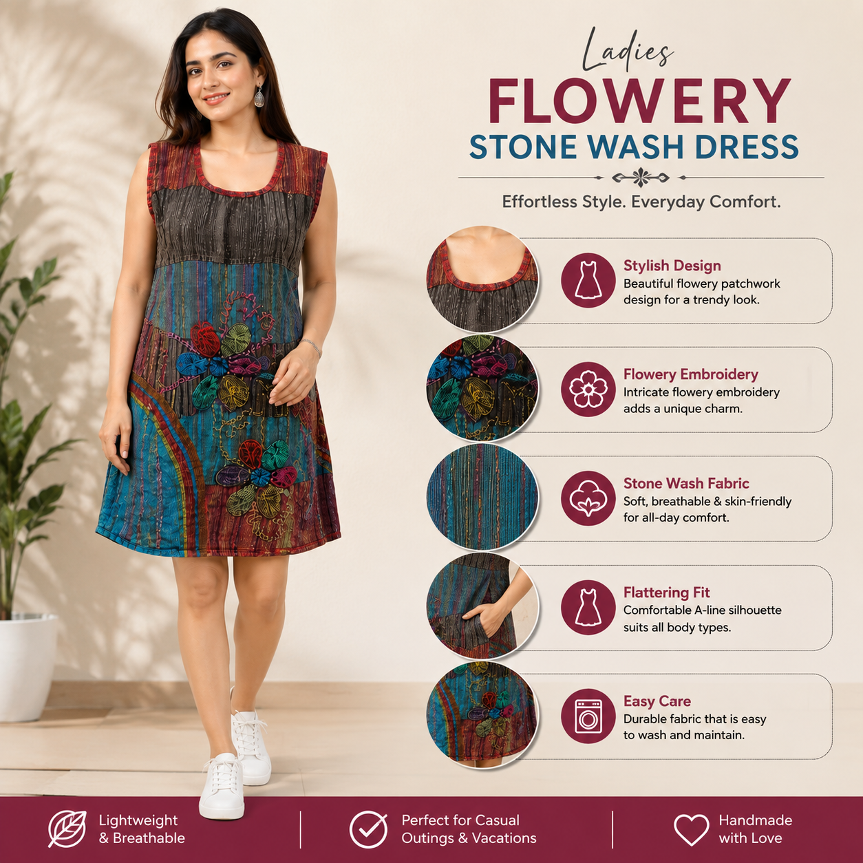 Ladies flowery stone wash dress - Image 2