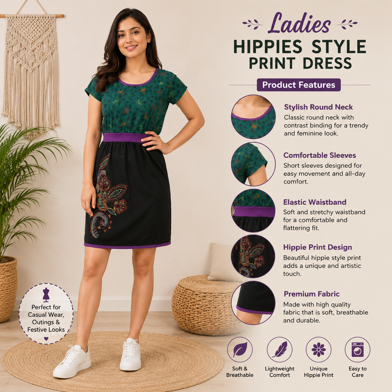 Ladies hippies style print dress - Image 2