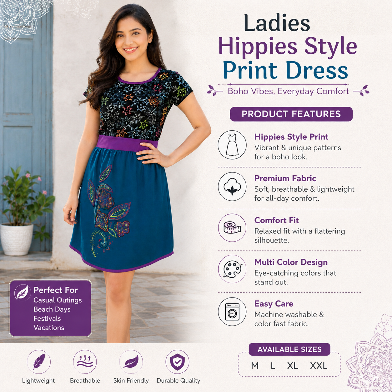Ladies hippies style print dress3